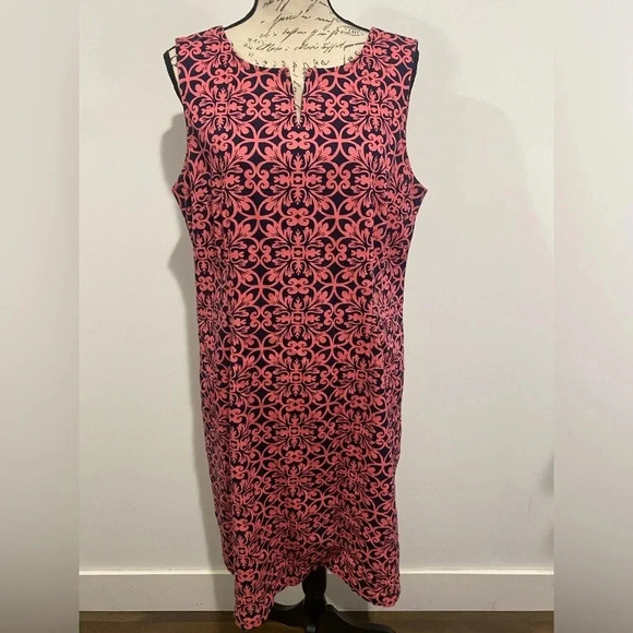 Talbots Damask Navy Pink Pique Sleeveless with Pockets Shift Plus Midi Dress 14 - Picture 1 of 10